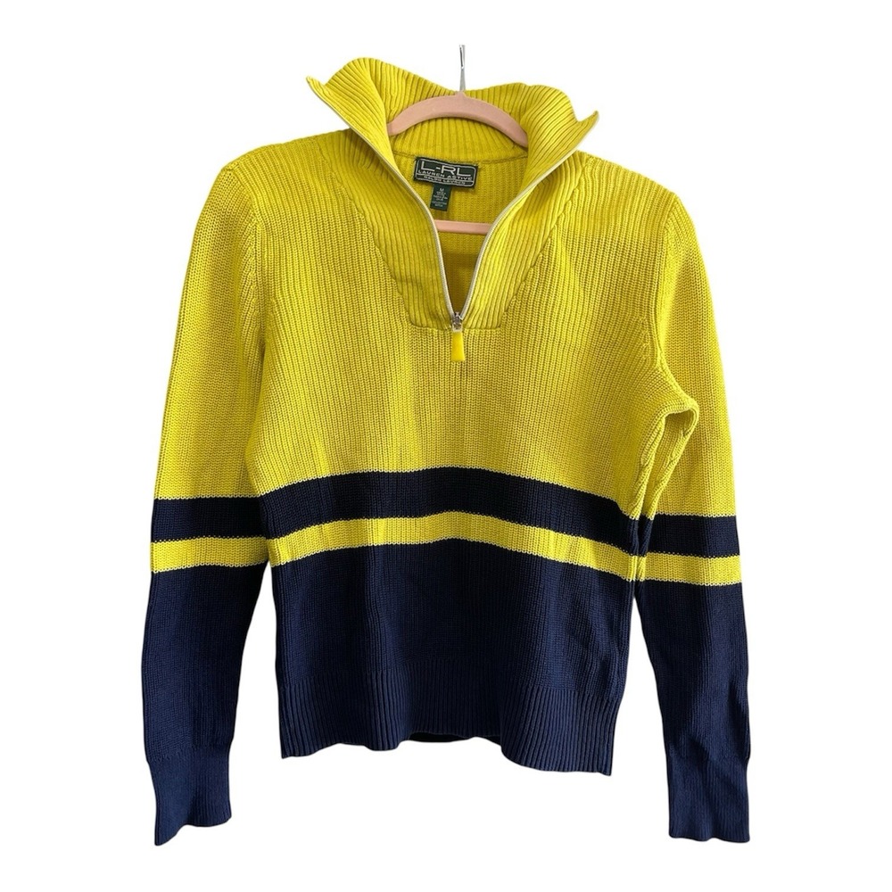 Lauren Ralph Lauren Active Sweater Womens MEDIUM Yellow Navy Cotton Knit 1/4 Zip